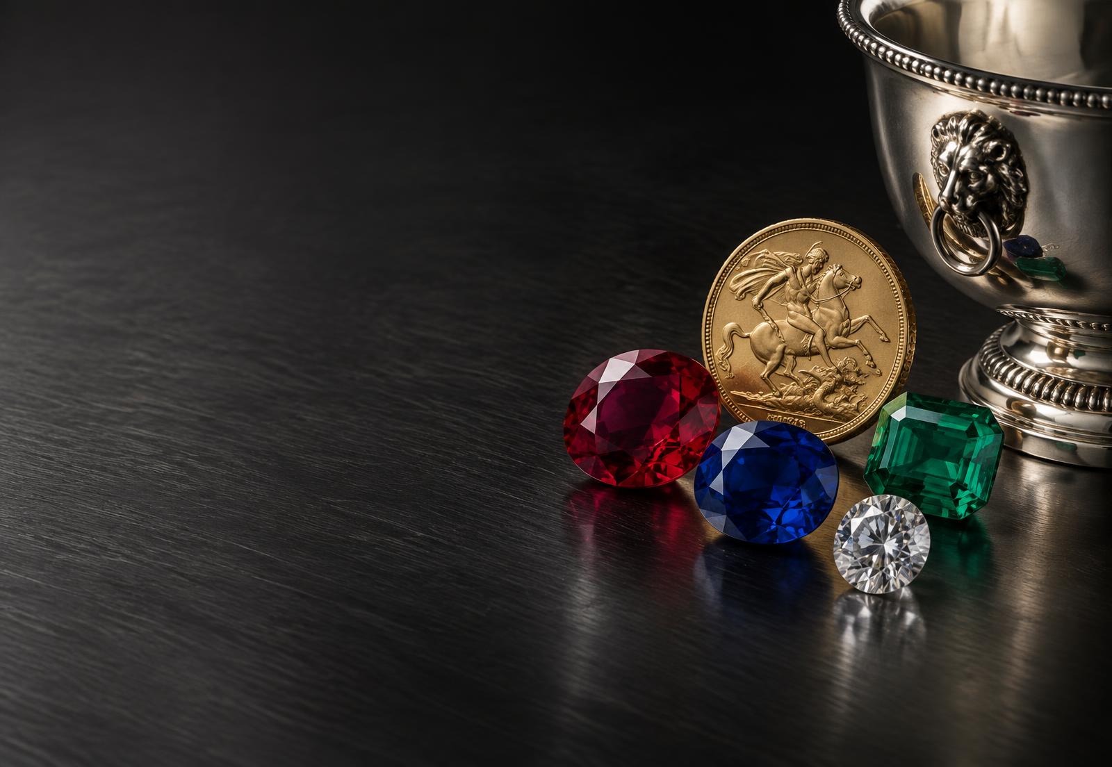 Ruby, sapphire, emerald, diamond, gold sovereign and silver arranged on dark metal