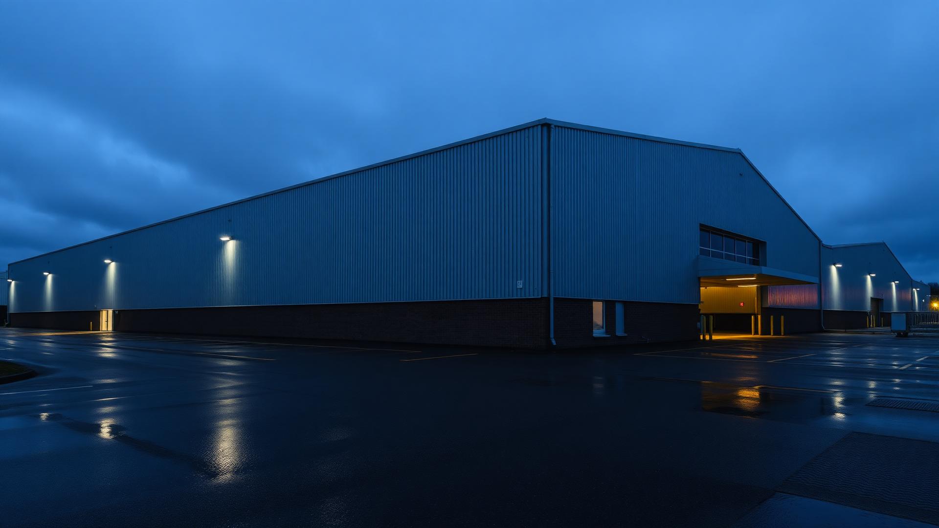 Exterior of a modern UK industrial processing facility at dusk