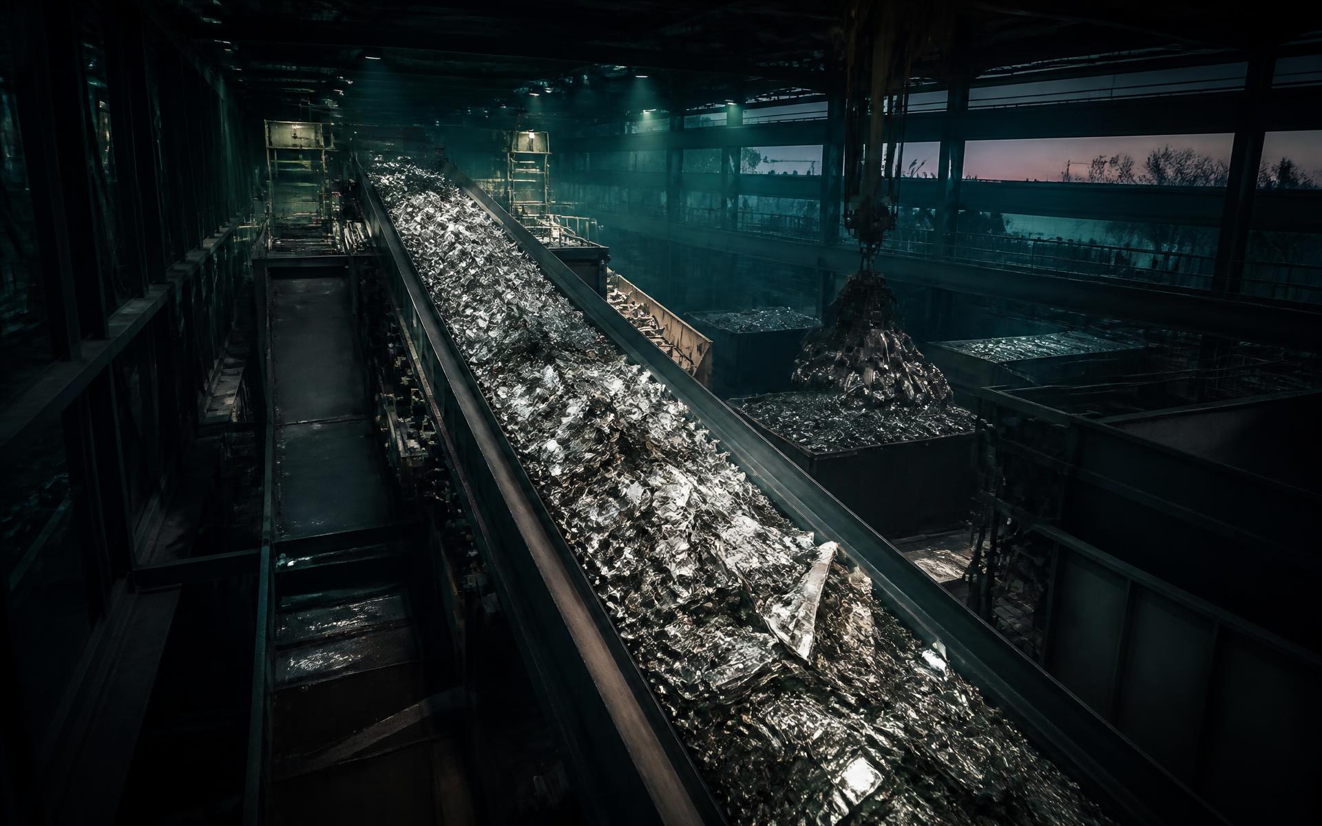 Aluminium scrap moving along a conveyor inside an industrial recycling plant