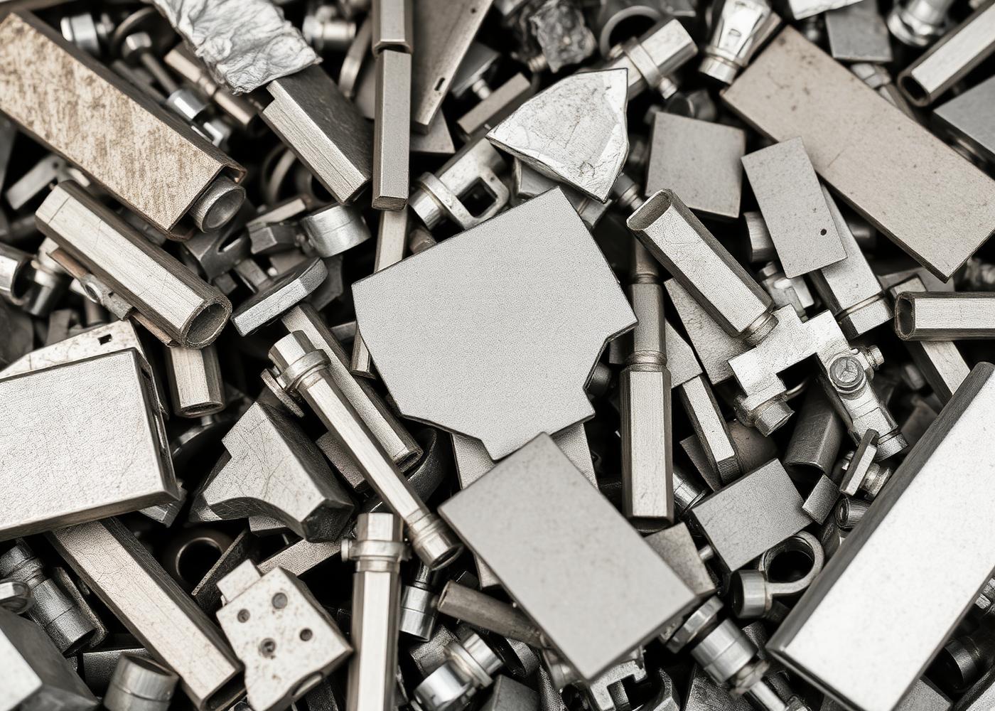 Close-up of mixed aluminium scrap including extrusion offcuts and sheet clippings